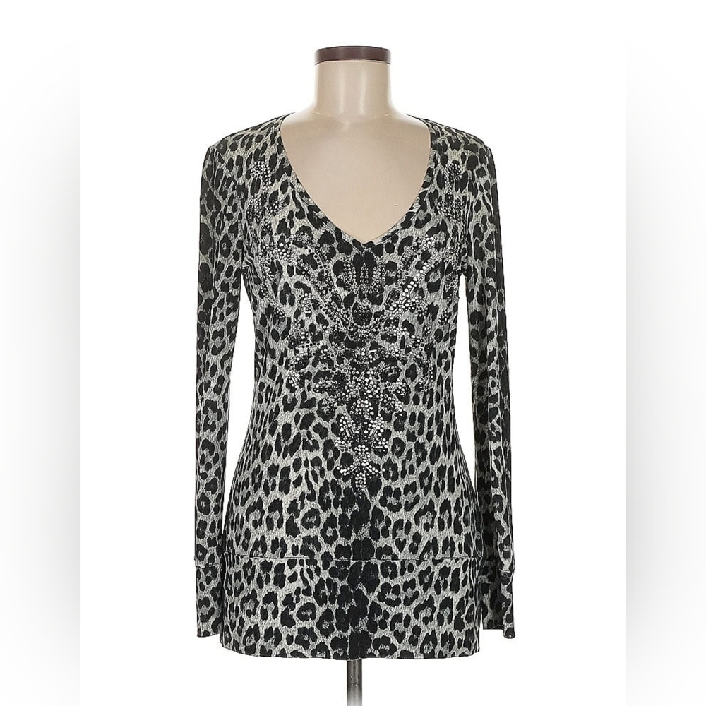Cache Black and Gray Leopard Animal Print Top Embellished Sz Med